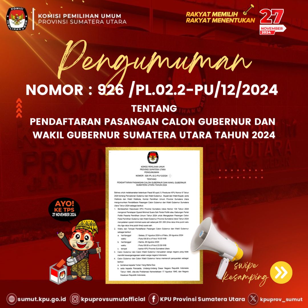 KPU Provinsi Sumut: Pengumuman Tentang Pendaftaran Paslon Gubernur dan Wakil Gubernur Sumut Tahun 2024